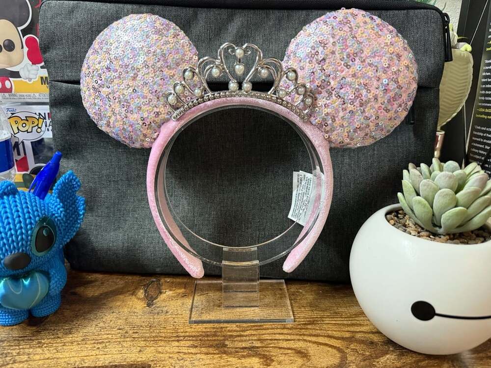 EUC Disney Parks Pink Sequin Ears with Silver Tiara and Pearls Headband